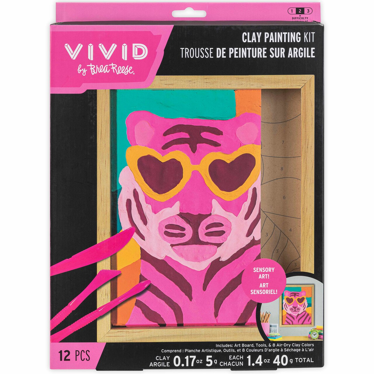 Vivid by Brea Reese: Clay Painting Art Kit - Wild Tiger - DIY Textured Clay-By-Number, 8 Air Dry Colors, Display Frame, Hot Pink Animal, Picture Craft